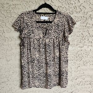 Braeve Leopard Print Tie Front Ruffle Sleeve Women's Top Medium